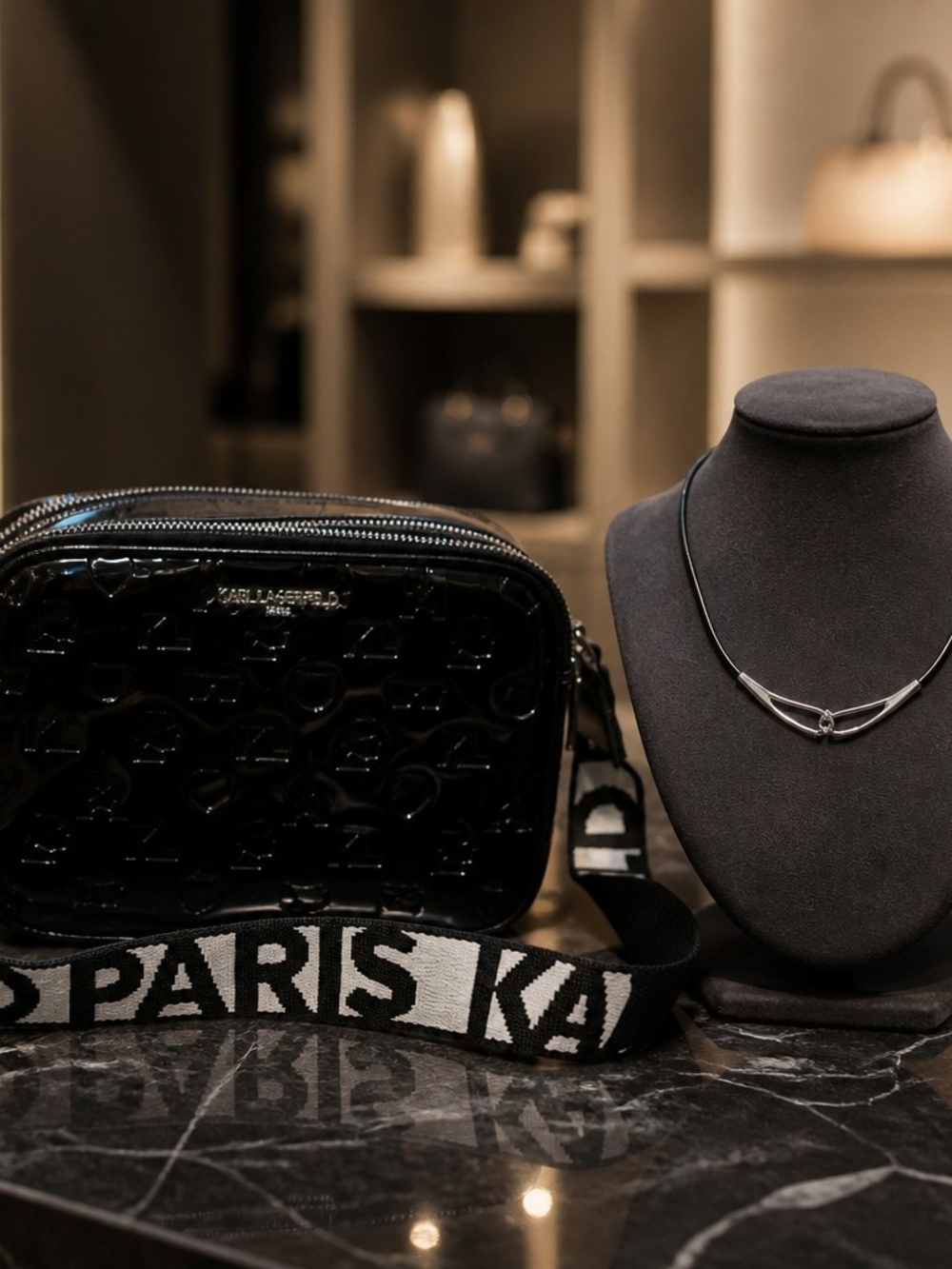Karl Lagerfeld Paris crossbody camera bag & NINE WEST Black  PENDANT NECKLACe